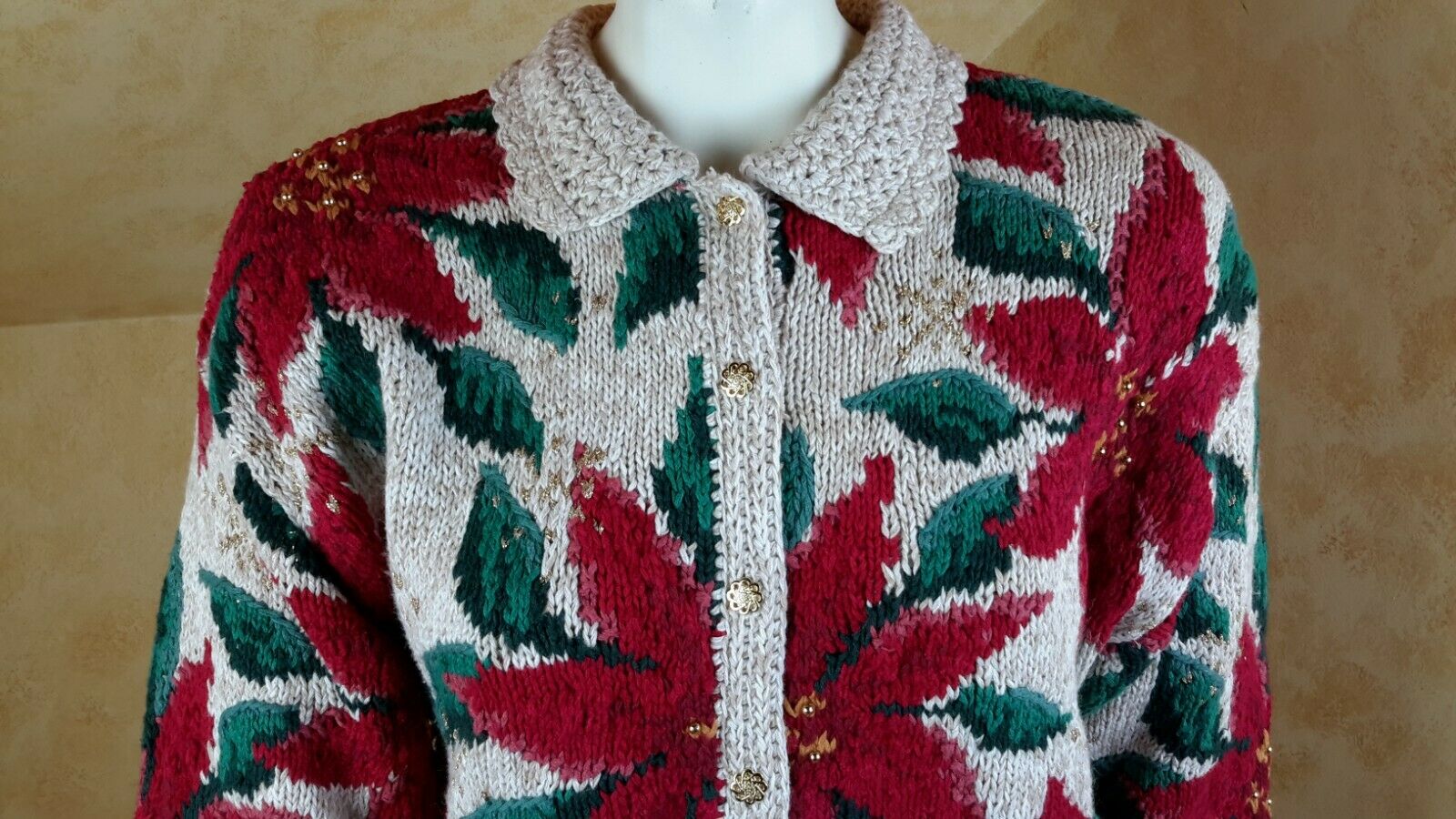 Northern Isle Womens Christmas Poinsettia Hand Knitted Cotton Cardigan Sweater